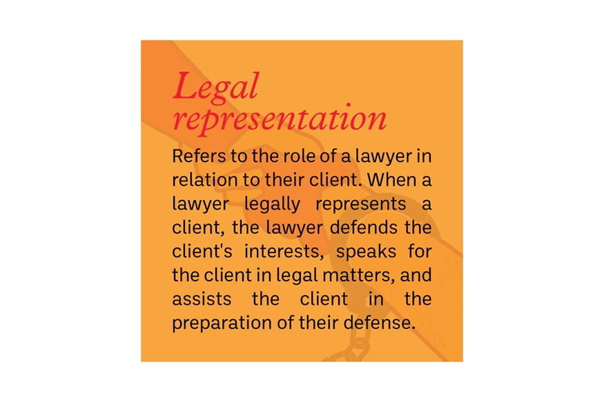 [ai] A text box with a light orange background titled 'Legal representation.' It describes the role of a lawyer in defending a client's interests, speaking for them in legal matters, and assisting in defense preparation.